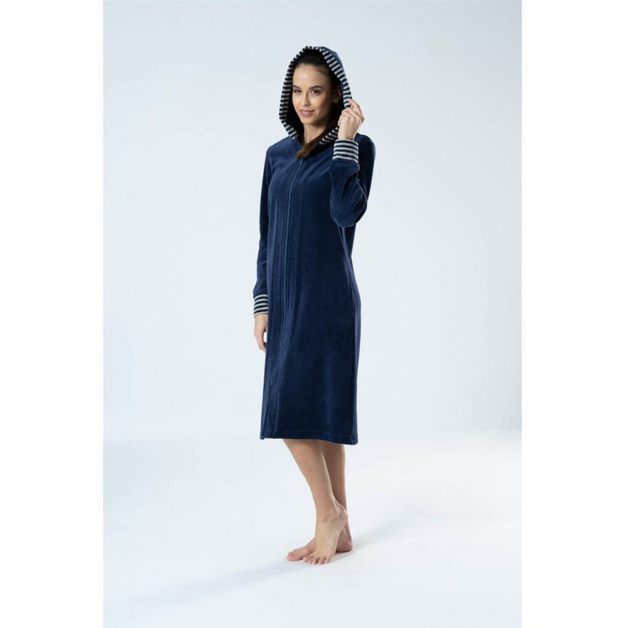 Sleepwear Belmanetti | Denver Cotton Velour Hooded Knee-Length Zip-Up Robe