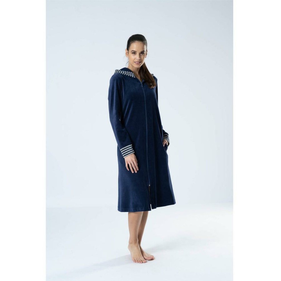 Sleepwear Belmanetti | Denver Cotton Velour Hooded Knee-Length Zip-Up Robe